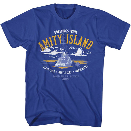 Jaws - Greeting From Amity Island - American Classics - Solid Blue Adult Short Sleeve T-Shirt