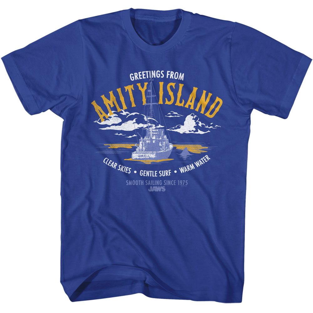 Jaws - Greeting From Amity Island - American Classics - Solid Blue Adult Short Sleeve T-Shirt