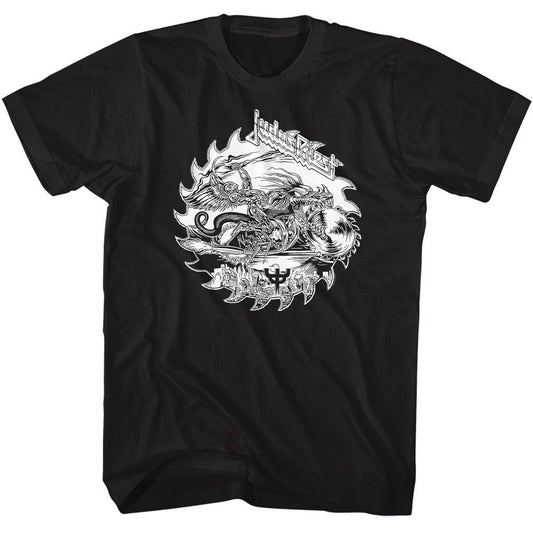 Judas Priest - Black & White Motorcycle - American Classics - Solid Black Adult Short Sleeve T-Shirt