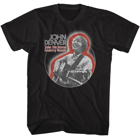 John Denver - Playing Guitar Circle - American Classics - Solid Black Adult Short Sleeve T-Shirt