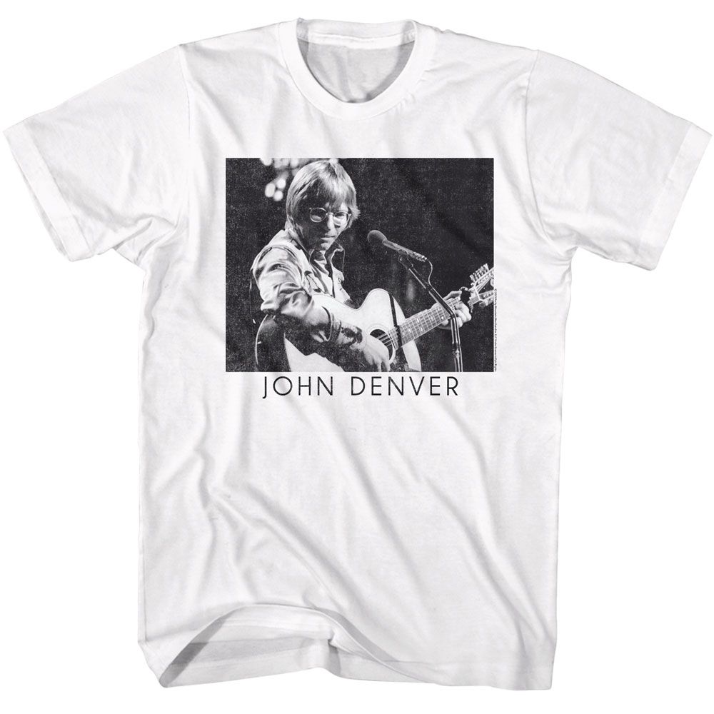 John Denver - Playing Guitar Black & White - American Classics - Solid White Adult Short Sleeve T-Shirt