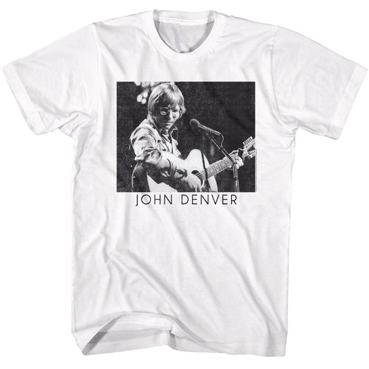 John Denver - Playing Guitar Black & White - American Classics - Solid White Adult Short Sleeve T-Shirt