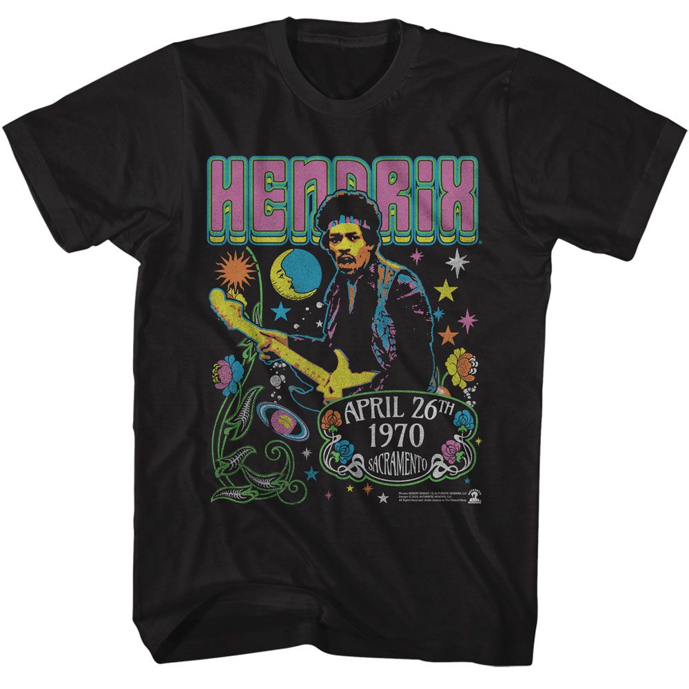 Jimi Hendrix - Stars And Flowers - American Classics - Solid Black Adult Short Sleeve T-Shirt