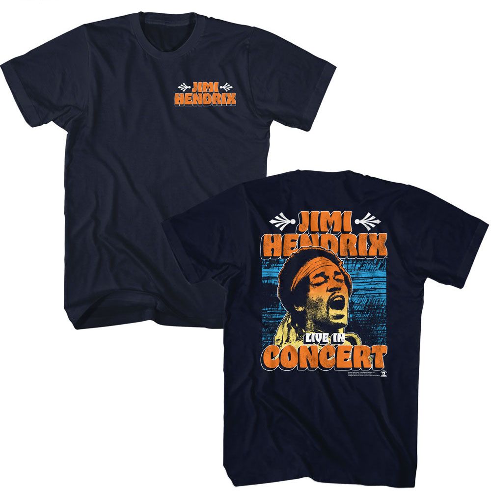 Jimi Hendrix - In Concert - American Classics - Solid Blue Adult Short Sleeve T-Shirt