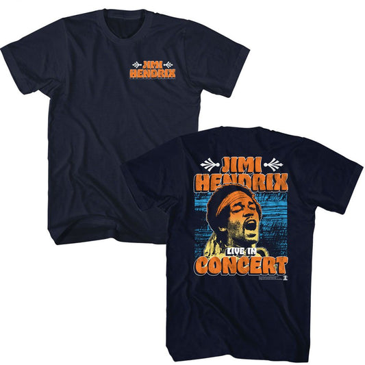 Jimi Hendrix - In Concert - American Classics - Solid Blue Adult Short Sleeve T-Shirt