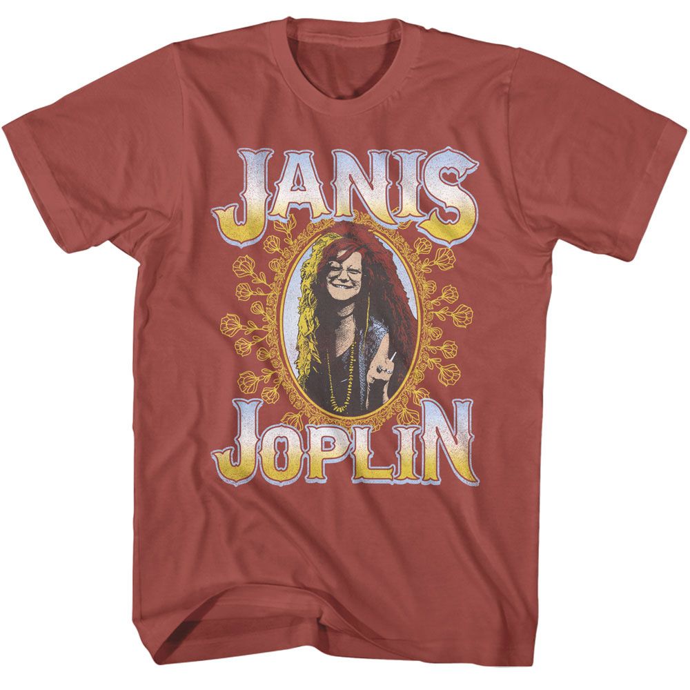 Janis Joplin - Floral Frame - American Classics - Solid Red Adult Short Sleeve T-Shirt