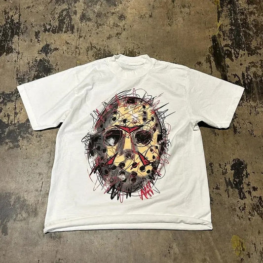 Jason's Mask T-Shirt, Personalized street style loose printed T-shirt, Vintage Graphic Crewneck Tshirt
