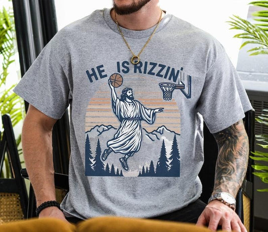 Jesus Basketball Easter Shirt - Jesus He Is Rizzin' Funny Religious Graphic Tee, Y2K Retro Faith Apparel Hoodie and Sweater; T-shirt