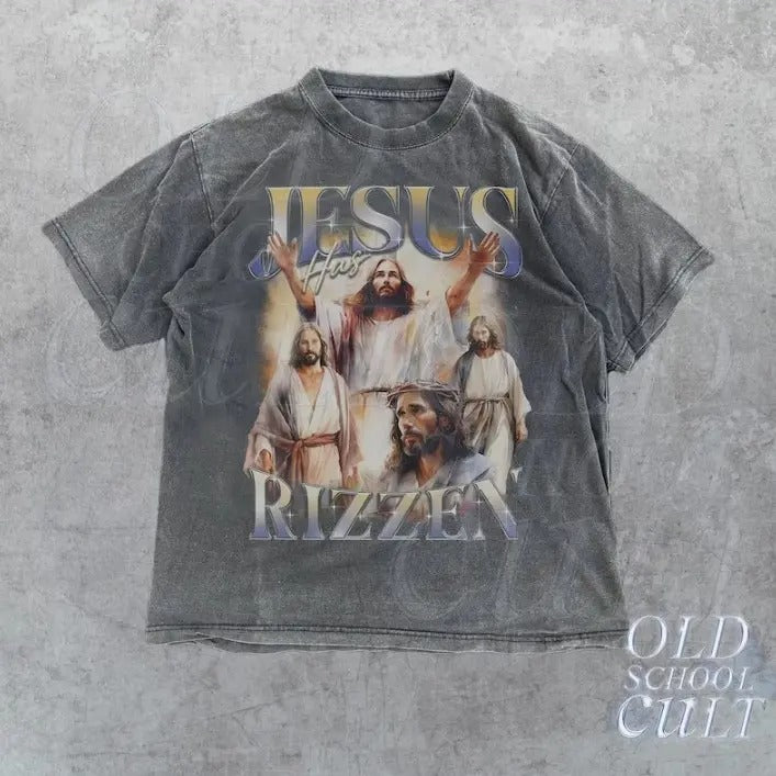 Jesus Has Rizzen Vintage Bootleg T-Shirt, Retro 90s Graphic Tee, Funny T Shirt, Washed Cotton Shirt