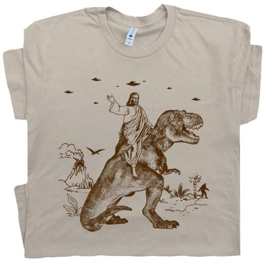 Jesus Riding Dinosaur T Shirt UFO T Shirt Funny T Shirts Cotton Menswear Top Polyester
