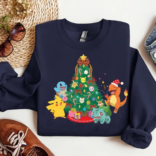 Juniors Women's Pokemon Christmas Tree Characters Sweatshirt - Medium-heavy Fabric, Loose Fit, 50% Cotton, 50% Polyester, Sewn-in Label - Pullover