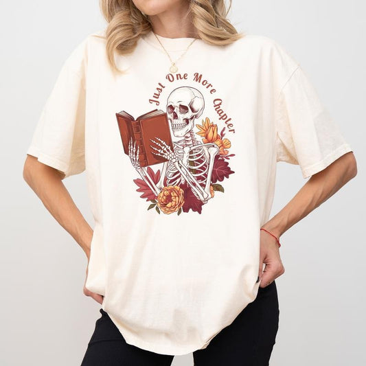 Just One More Chapter Comfort Colors Shirt, Funny Floral Skeleton Reading T-shirt, Vintage Bookish Graphic Tee, Funny Gift For Book Lovers