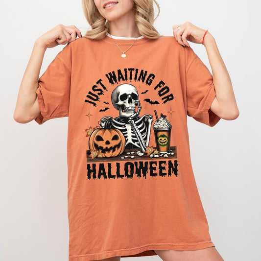 Just Waiting for Halloween Comfort Colors Shirt, Funny Skeleton Halloween Graphic Tee, Vintage Skeleton Unhinged Shirt, Funny Women T-shirt, Spooky Season, Halloween Shirt, Comfy Fabric Graphic Tee, Womenswear, Cotton Fabric Relaxed Fit Chic Style