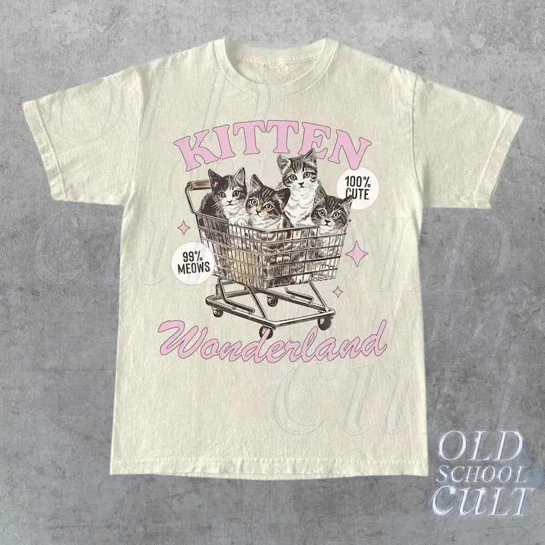 Kitten Wonderland Graphic T-Shirt, Retro 90s Unisex Adult T Shirt, Vintage Cat T Shirt, Nostalgia T Shirt, Relaxed Cotton Tees, Retro Gifts