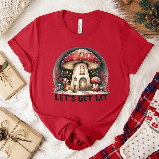 Let's Get Lit Mushroom Christmas Tree Shirt, Merry Christmush T-shirt, Cottagecore Christmas Tee, Perfect Christmas Gift for Mushroom Lovers