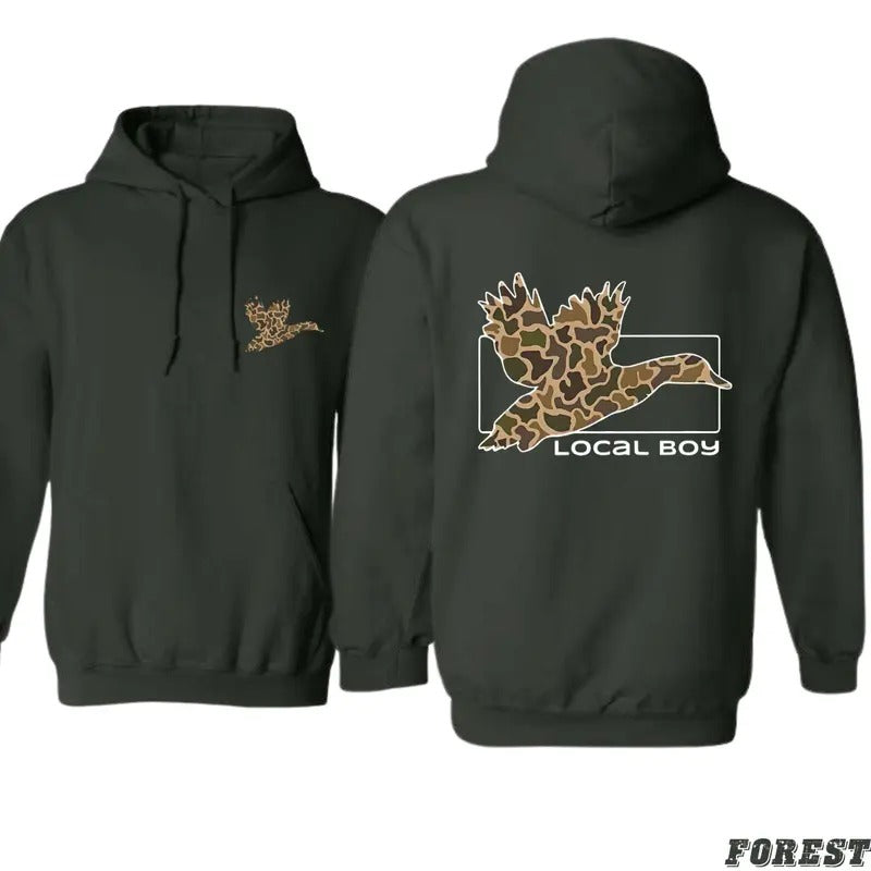 Local Boy Hoodie - Bold Flying Duck with Camo Design, Perfect for Outdoor Enthusiasts and Hunting Fans, Suitable for Men and Women
