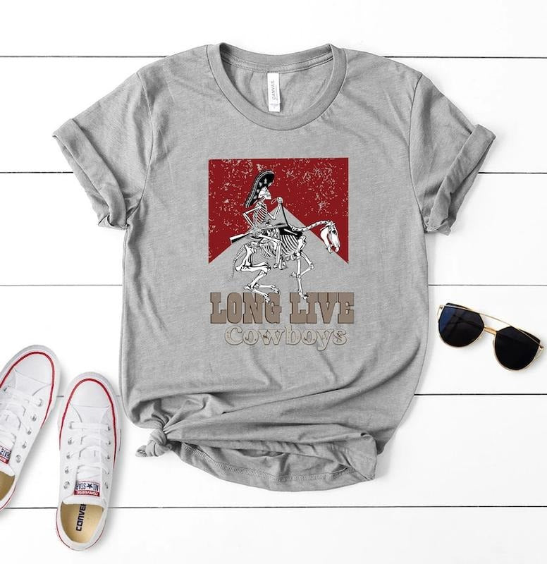 Long Live Cowboy T-shirt - Gray Cotton with Skeleton Design, Casual Summer Wear for Women