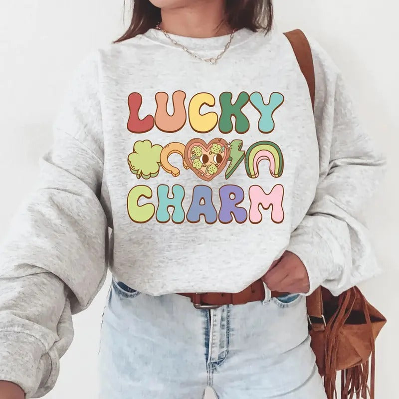 Lucky Charm Sweatshirt, St Patricks Day T-Shirt, Four Leaf Clover Tee Shirt, Feeling Lucky Sweater, Irish Day Shirt, Shamrock Paddys Day T-Shirt