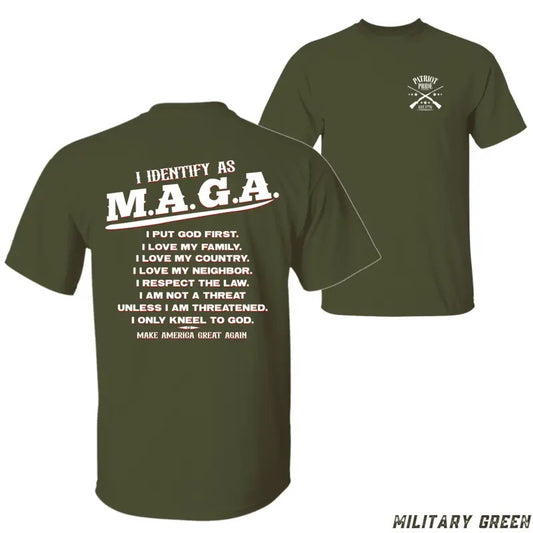 MAGA T-shirt - "I Identify as M.A.G.A." with Bold Statement, Perfect for Patriotic Americans, Unisex Casual Tee Menswear Top