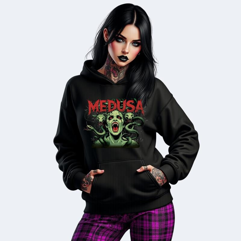 MEDUSA Statement Piece Crewneck Sweatshirt T Shirt or Hoodie Grunge Aesthetic Pullover Casual Comfort Skulls Retro Streetwear Cotton Graphic Vintage Womenswear Everyday Style Tops Fit Made in USA