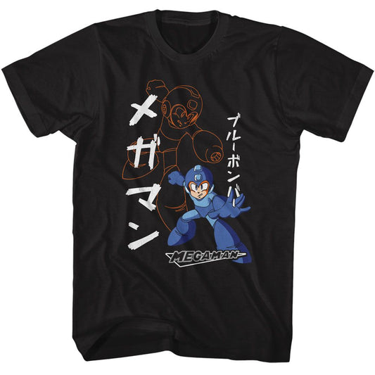 Mega Man - Solid And Outline - American Classics - Solid Black Adult Short Sleeve T-Shirt