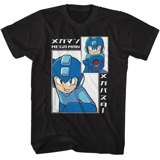 Mega Man - Big And Small Rectangle - American Classics - Solid Black Adult Short Sleeve T-Shirt