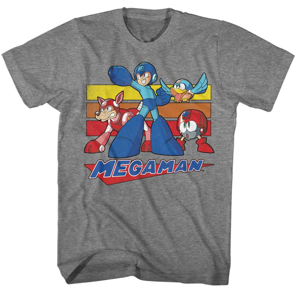 Mega Man - Multi Color Rectangles - American Classics - Heather Gray Adult Short Sleeve T-Shirt