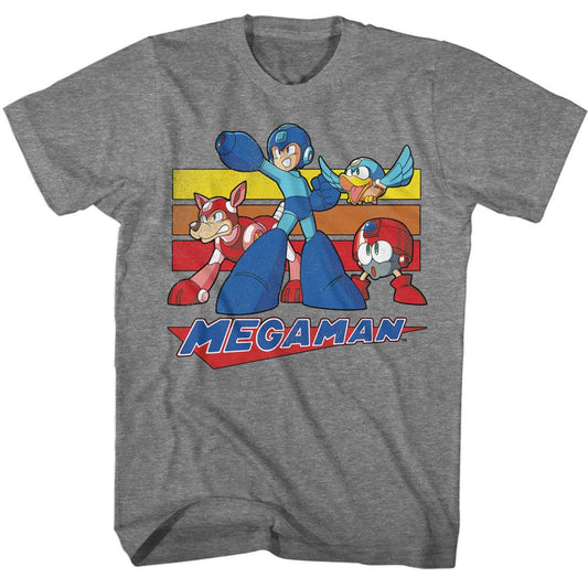Mega Man - Multi Color Rectangles - American Classics - Heather Gray Adult Short Sleeve T-Shirt