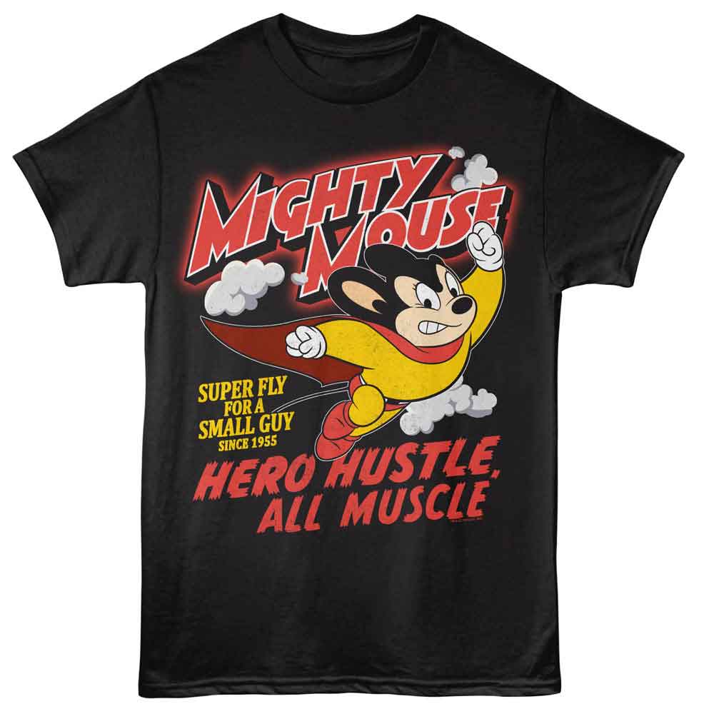 Mighty Mouse - Hero Hustle - American Classics - Front Print Black Adult Short Sleeve T-Shirt