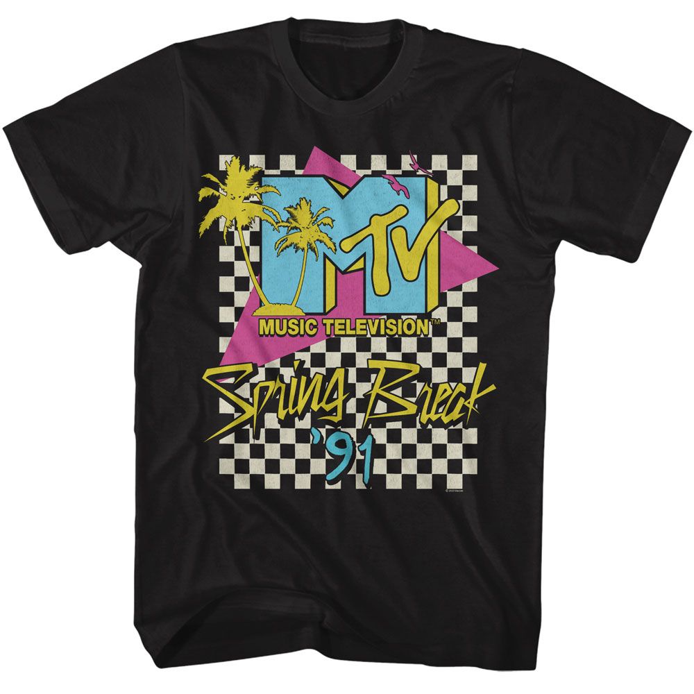 MTV - Spring Break 91 Checkered Background - American Classics - Solid Black Adult Short Sleeve T-Shirt