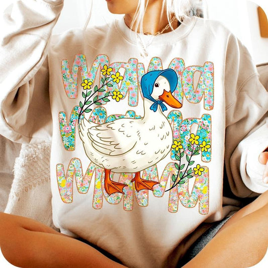 Mama Goose Sweatshirt, Cute Retro Floral Goose Mom Gift, Funny Spring Cottagecore Outfit Fabric