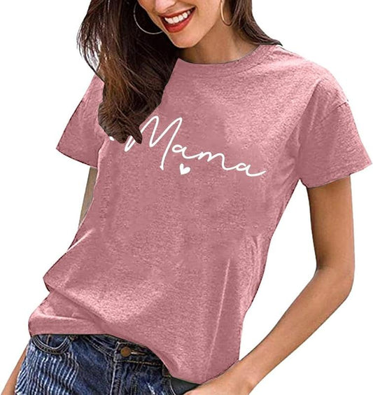 Mama T-Shirt for Women Mama Letter Print T-Shirt Funny Mama Graphic T-Shirt Casual Short Sleeve Mom Life Tops T-Shirt Comfort Womenswear
