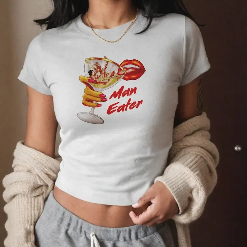 Man Eater Baby Tee - 90s Baby Tee, Graphic Shirt Crop, Coquette, Vintage Design