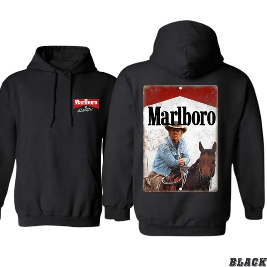 Marlboro Hoodie - Classic Cowboy Design Featuring Vintage Cigarette Advertising Art, men's western wear, Perfect for Fans of Retro Style and Western Aesthetics, Unisex Hoodie for Everyday Comfort and Bold Fashion Menswear Sweaters Tops Underwear