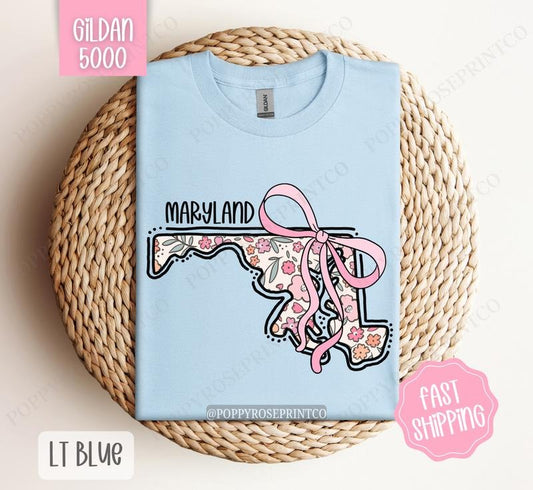 Maryland Gildan T-shirt, Cute Maryland State Shirt, Maryland Floral Bow Tee