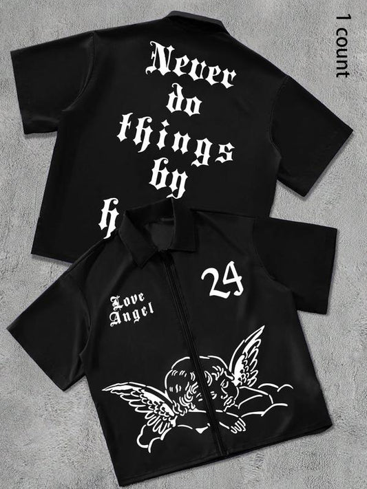 Men's Angel Print Short Sleeve Graphic Shirt, Regular Fit Casual Fashion T-shirt for Summer, Men's Top for Daily Wear, Tropical