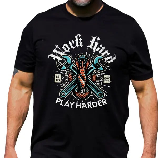Men's Black T-Shirt - 'Work Harder, Play Harder' with Cobra & Crossed Wrenches | Grunge Vibe & Dark Aesthetic | Edgy Graphic Tee with Bold Design | Perfect for Rugged Style | Sizes Up to 5XL  Maximum Comfort | Ideal for Hardworking & Hardplaying Attitude