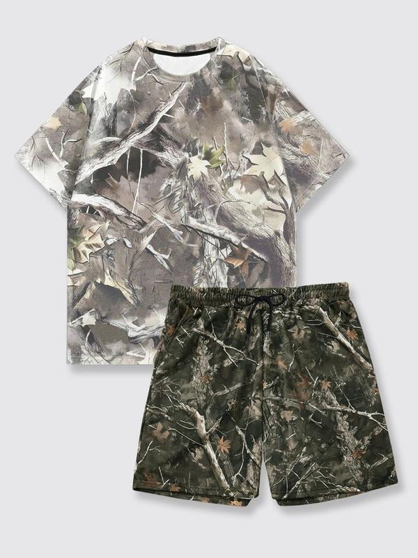 Men's Camo Print Short Sleeve Tee & Shorts Two-piece Set, Regular Fit Casual Fashion Round Neck T-shirt & Shorts for Daily Wear, Men's Outfits for Summer