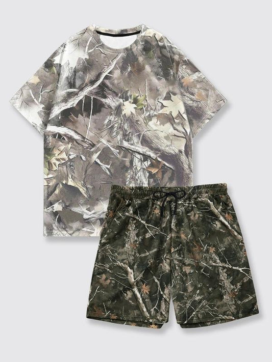 Men's Camo Print Short Sleeve Tee & Shorts Two-piece Set, Regular Fit Casual Fashion Round Neck T-shirt & Shorts for Daily Wear, Men's Outfits for Summer