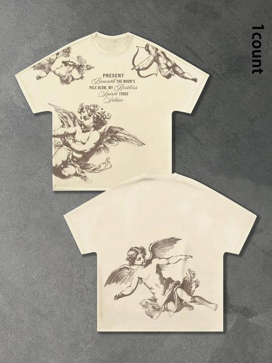 Men's Cartoon Angel Print Round Neck Tee, Regular Fit Casual Fashion Short Sleeve T-shirt for Summer, Men's Top for Daily Wear, Tropical