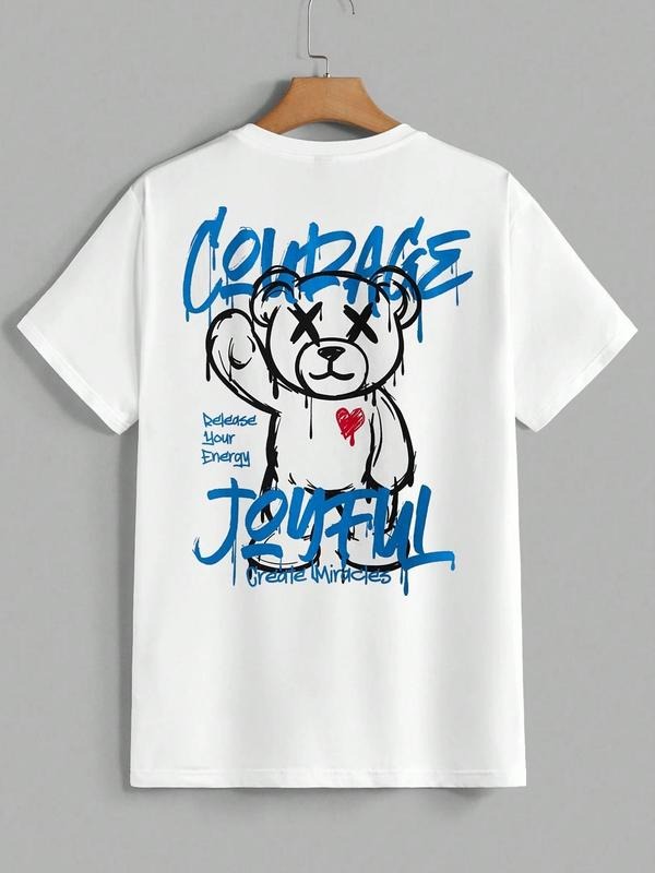 Men's Cartoon Bear Print Round Neck Tee, Regular Fit Casual Short Sleeve T-shirt, Men's Summer Top for Daily Wear, Tropical