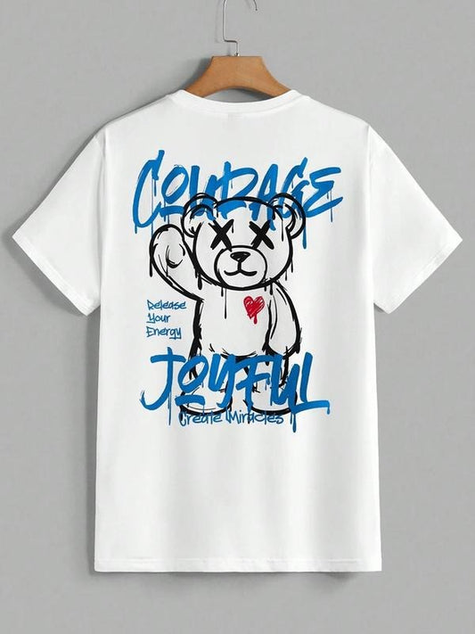 Men's Cartoon Bear Print Round Neck Tee, Regular Fit Casual Short Sleeve T-shirt, Men's Summer Top for Daily Wear, Tropical