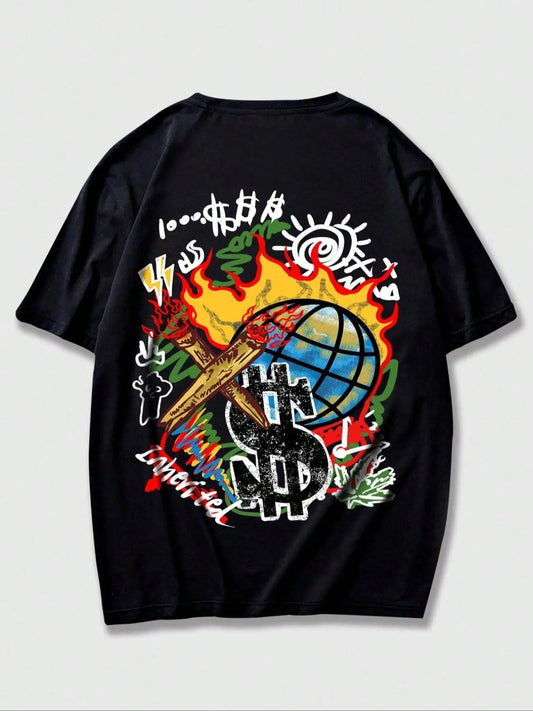Men's Cartoon Graphic Round Neck Tee, Regular Fit Stylish Casual Drop Shoulder Short Sleeve T-Shirt, Men's Summer Top for Daily Wear