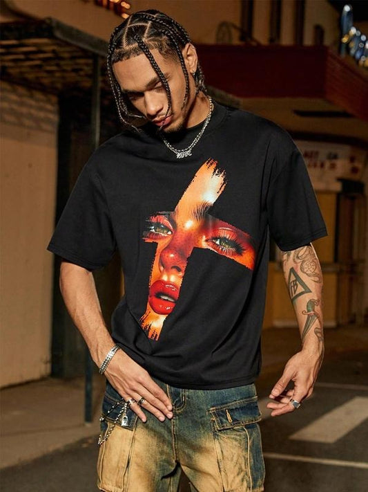 Men's Face Print Short Sleeve Graphic Tee, Regular Fit Casual Comfy Round Neck T-shirt for Summer, Fashion Men's Top for Daily Wear, Tropical