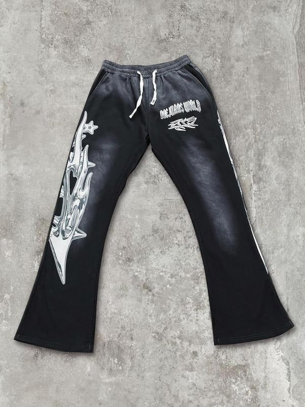 Men's Graphic Print Drawstring Waist Flared Leg Pants, Street Fashion Casual Street Style Pocket Trousers for Daily Wear, Men's Bottoms for All Seasons