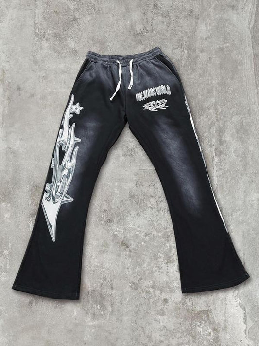 Men's Graphic Print Drawstring Waist Flared Leg Pants, Street Fashion Casual Street Style Pocket Trousers for Daily Wear, Men's Bottoms for All Seasons