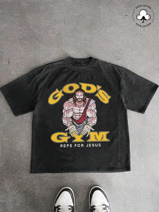 Men's Jesus & Letter Print Round Neck Graphic Tee, Regular Fit Casual Short Sleeve T-shirt for Summer, Men's Top for Daily Wear, Tropical, Cotton