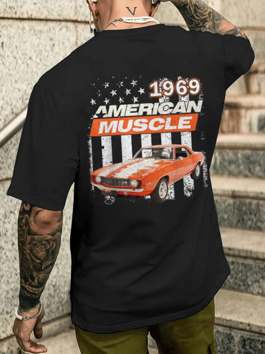Men's Letter & Car Print Round Neck Tee, Regular Fit Casual Street Short Sleeve T-shirt for Daily Wear, Men's Top for All Seasons