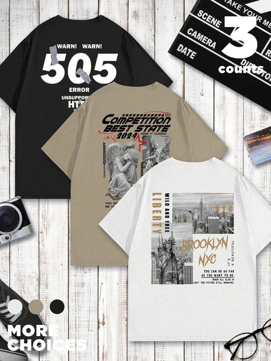 Men's Letter & Figure Print Short Sleeve Graphic Tee, Regular Fit Casual Street Round Neck T-shirt for Summer, Men's Top for Daily Wear
