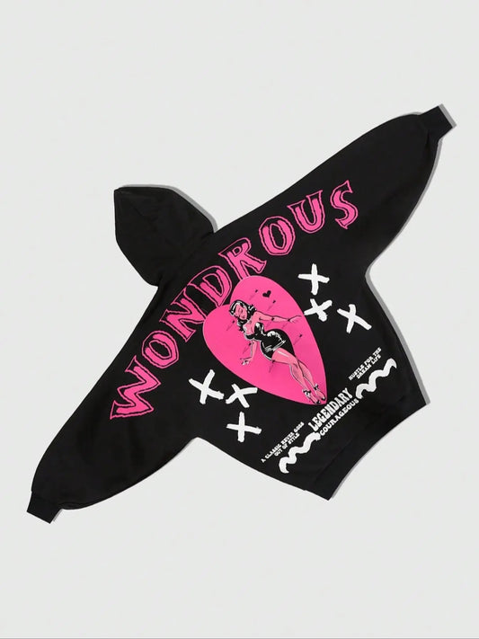 Men's Letter & Graphic Print Drawstring Zip Up Hoodie, Regular Fit Casual Comfy Long Sleeve Hooded Sweatshirt for Fall & Winter, Men's Clothes for Daily Wear